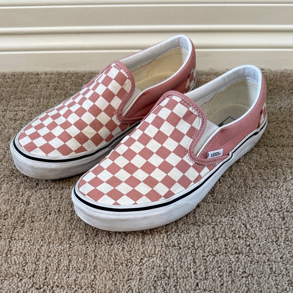 Vans Slip-On Checkerboard Sneakers in Dusty Rose & White